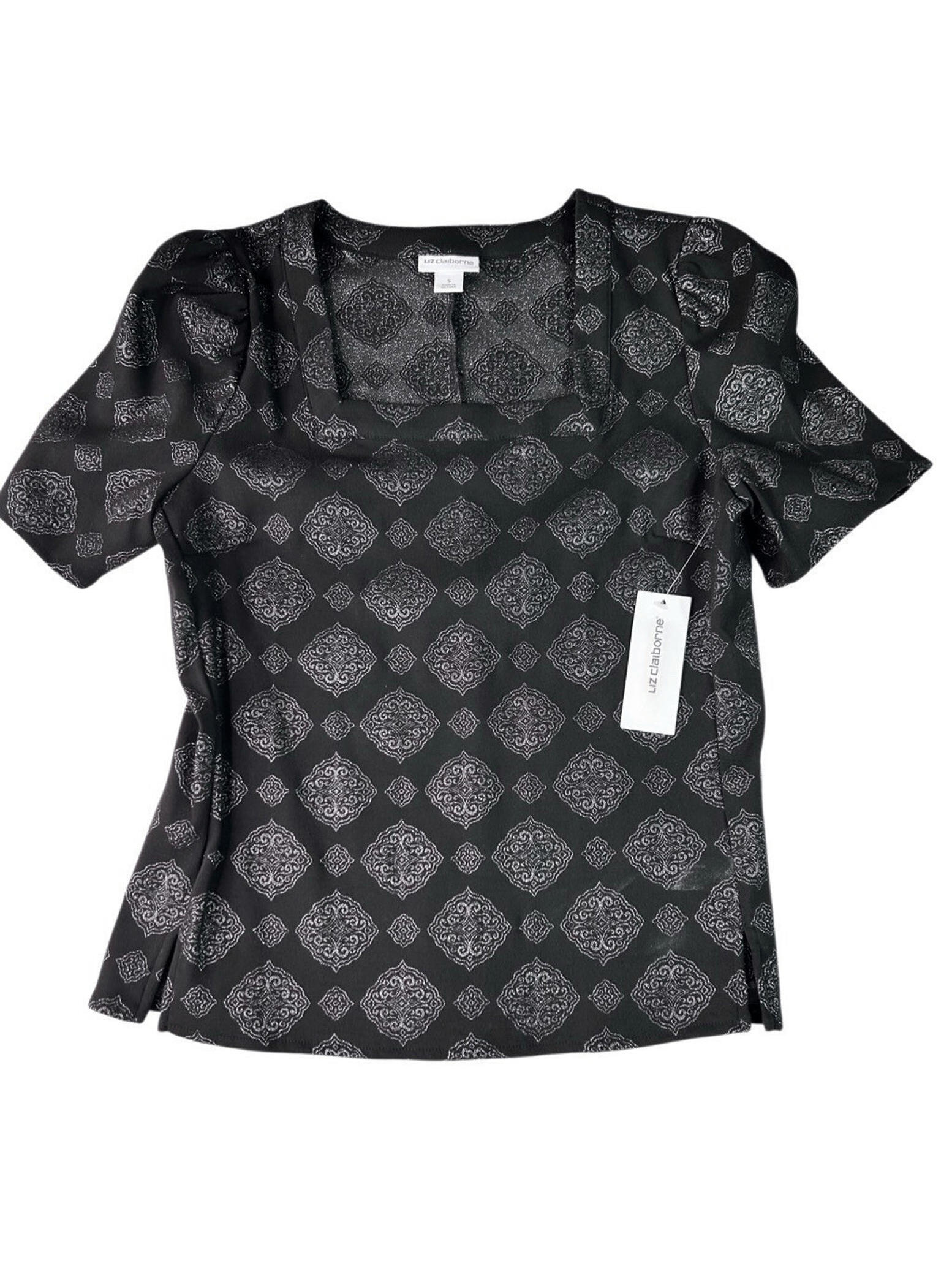 Liz Claiborne, Women’s Small Square Neck, Short Sleeve Blouse Black Nwt